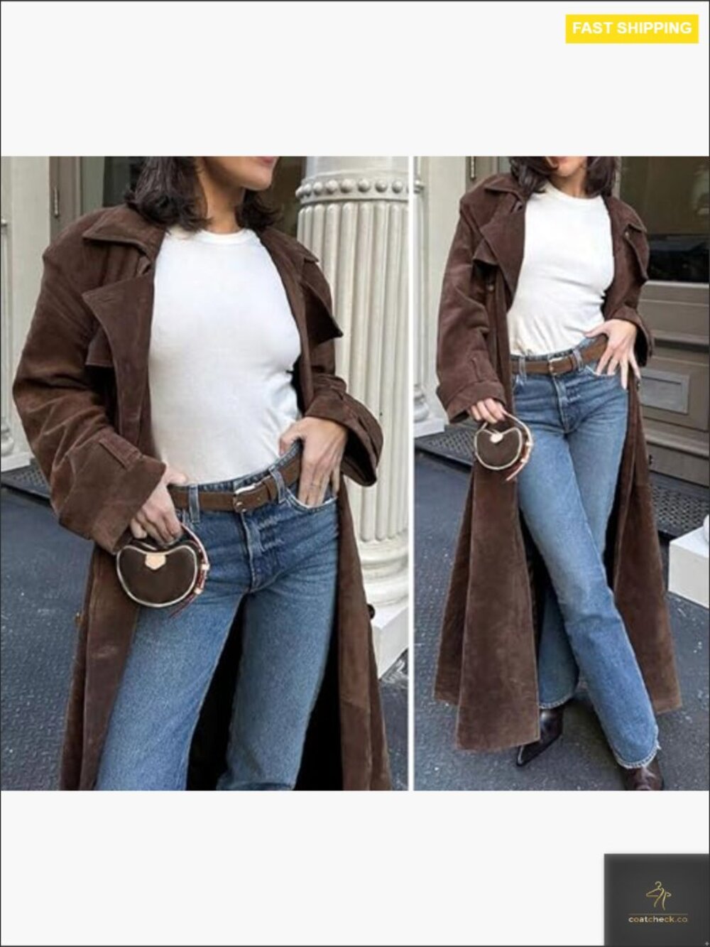 Faux Suede Double Breasted Long Trench Coat Notched Lapel Belted Overcoat - Picture 6 of 7
